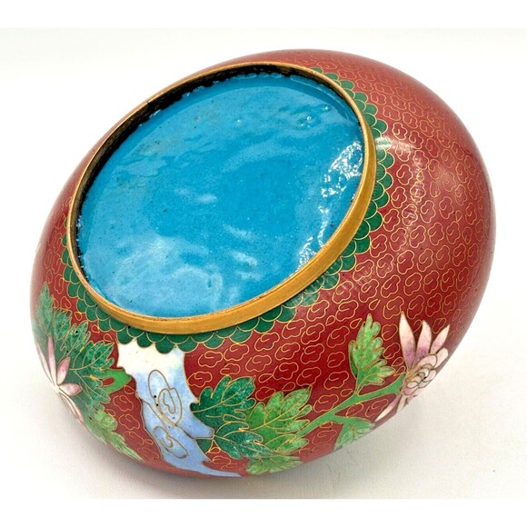 Vintage Chinese Cloisonné Enamel on Bronze Lidded Bowl Trinket Dish Floral Teal - Picture 5 of 16